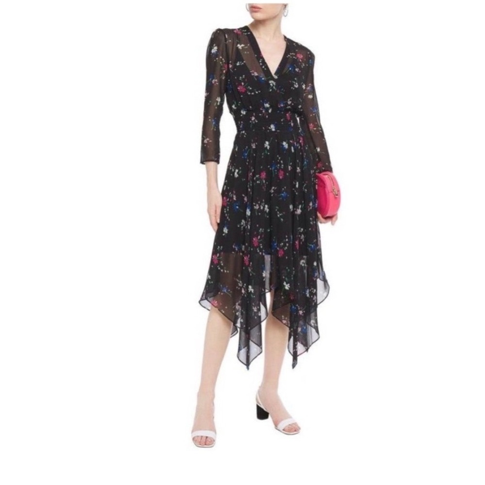 Maje Rayema Floral Midi Dress Size 1 Small S Black V-Neck Asymmetric Smocked